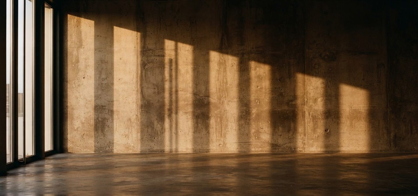 Late afternoon light through tall windows on a concrete wall