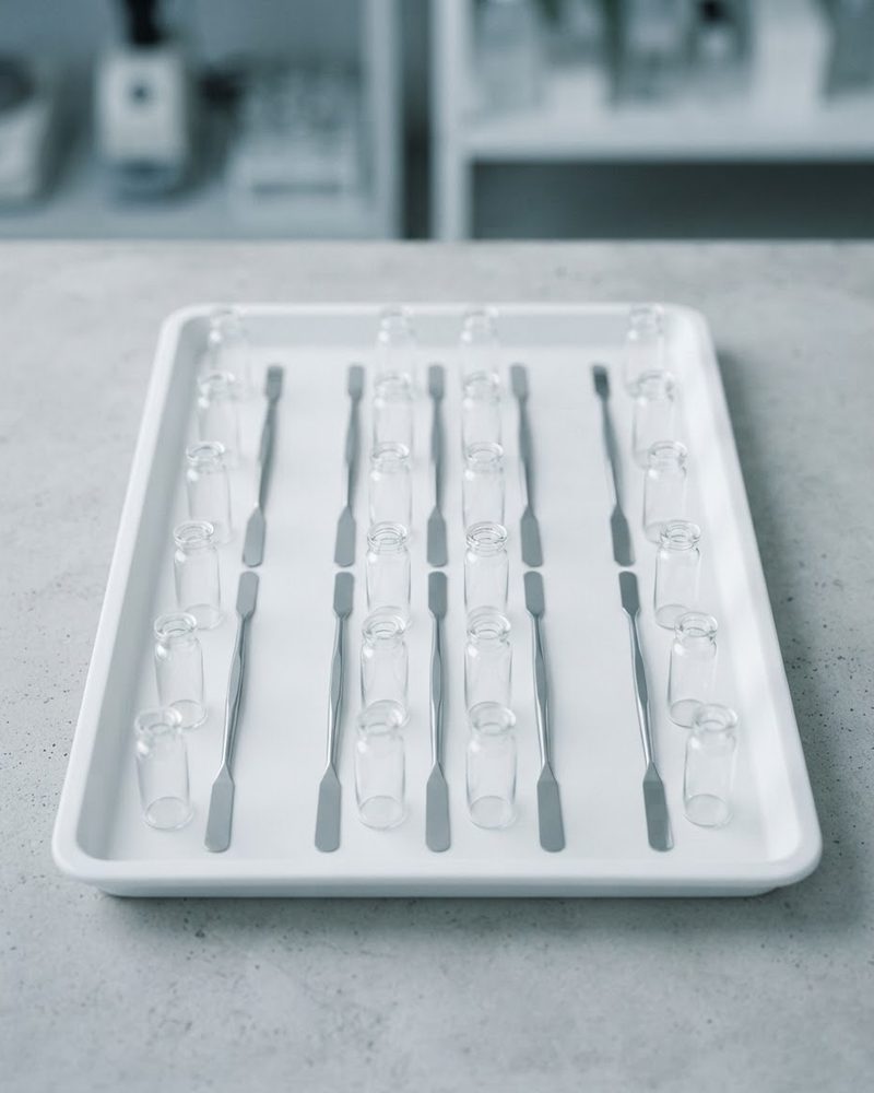 Glass vials arranged on a white tray for quality control