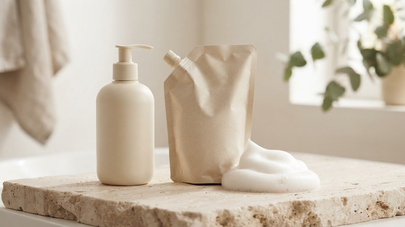 Cream body wash pump bottle with a paper refill pouch and foam