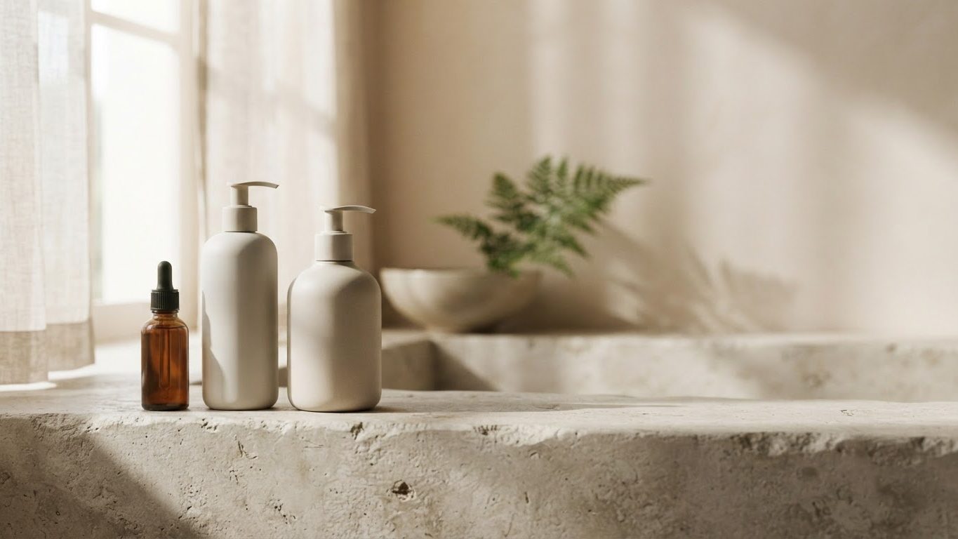Shampoo, scalp tonic and body lotion bottles on a stone ledge