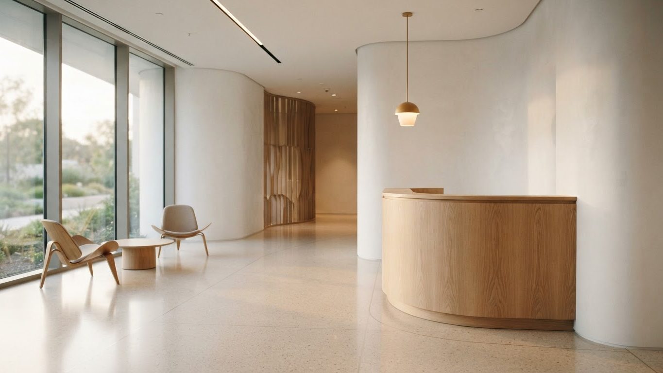 Minimal reception space with a wooden counter