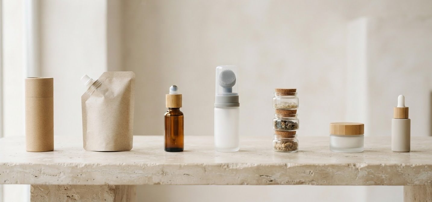 Sustainable and functional cosmetic packaging lined up on stone