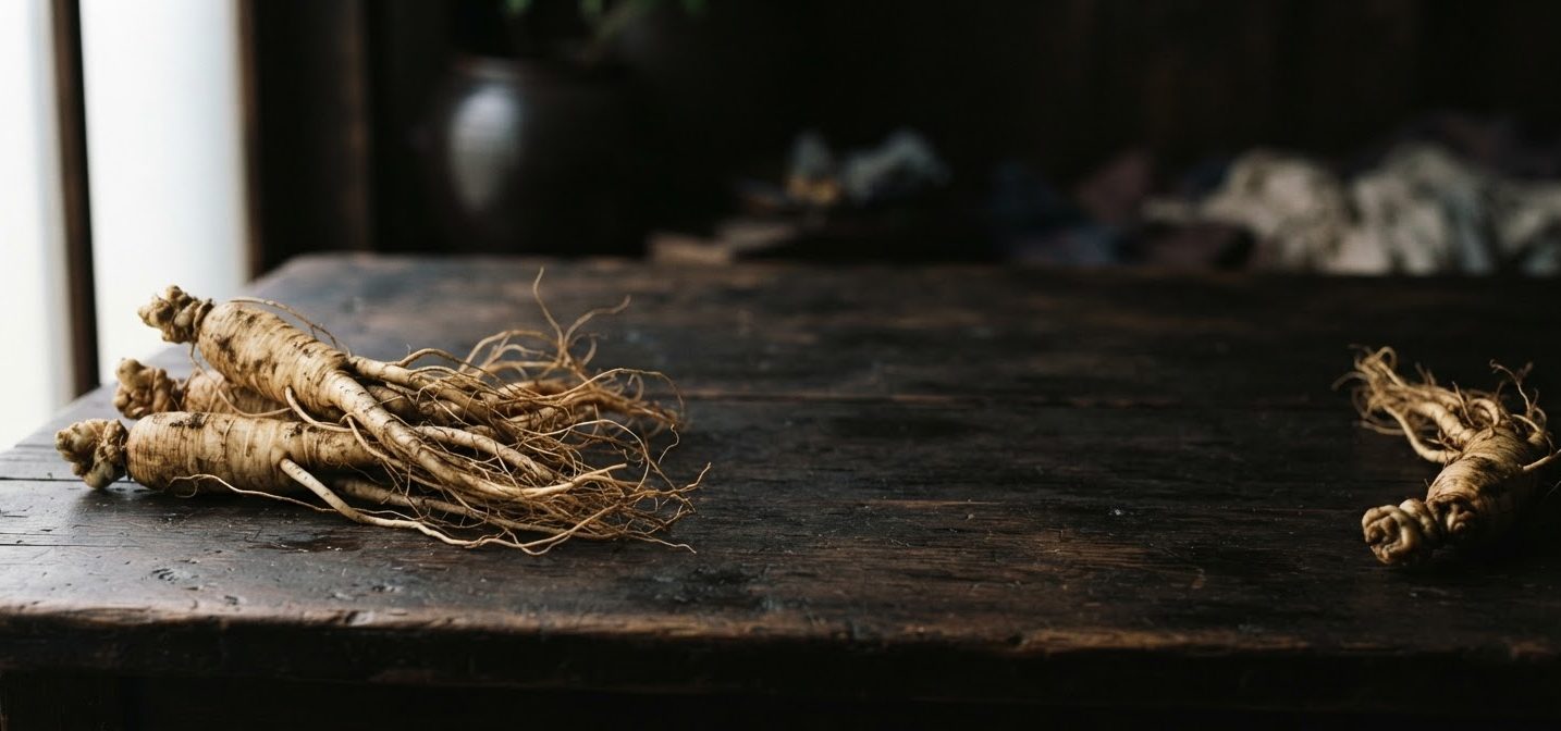 Fresh Korean ginseng roots on dark wood