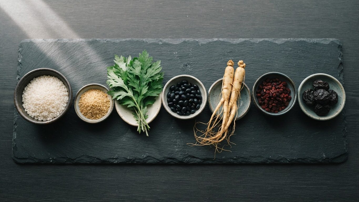Traditional Korean skincare ingredients in small dishes on slate