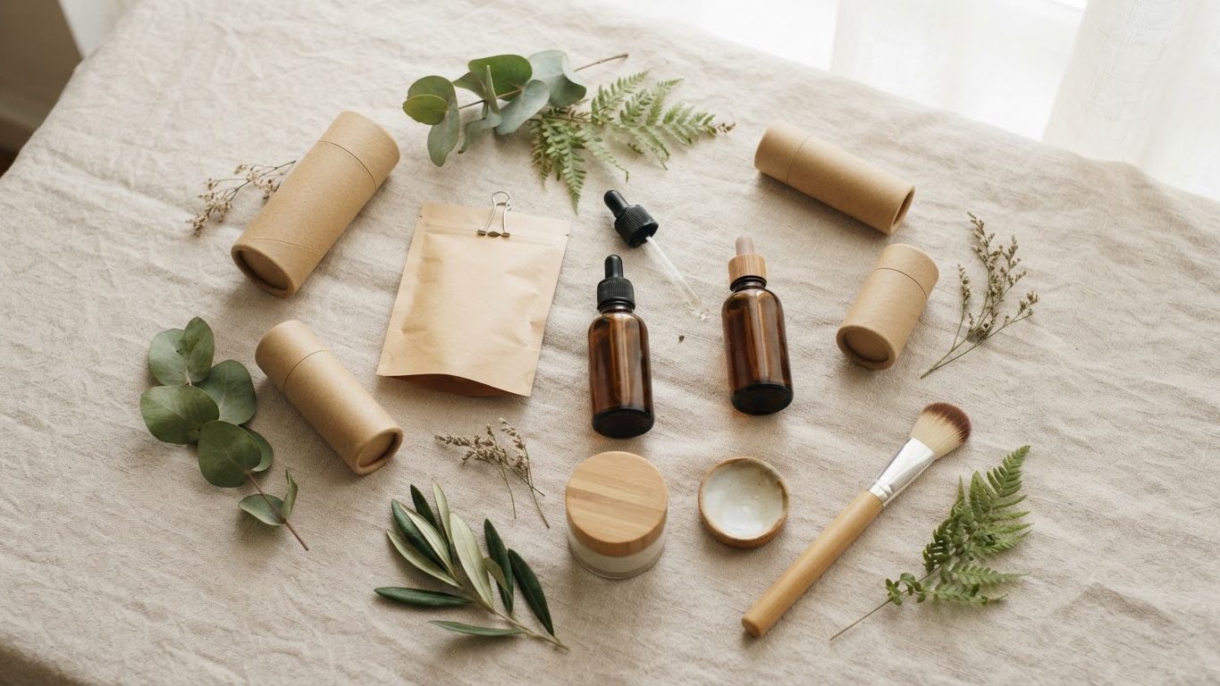 Kraft paper tubes, refill pouch and glass bottles with leaves