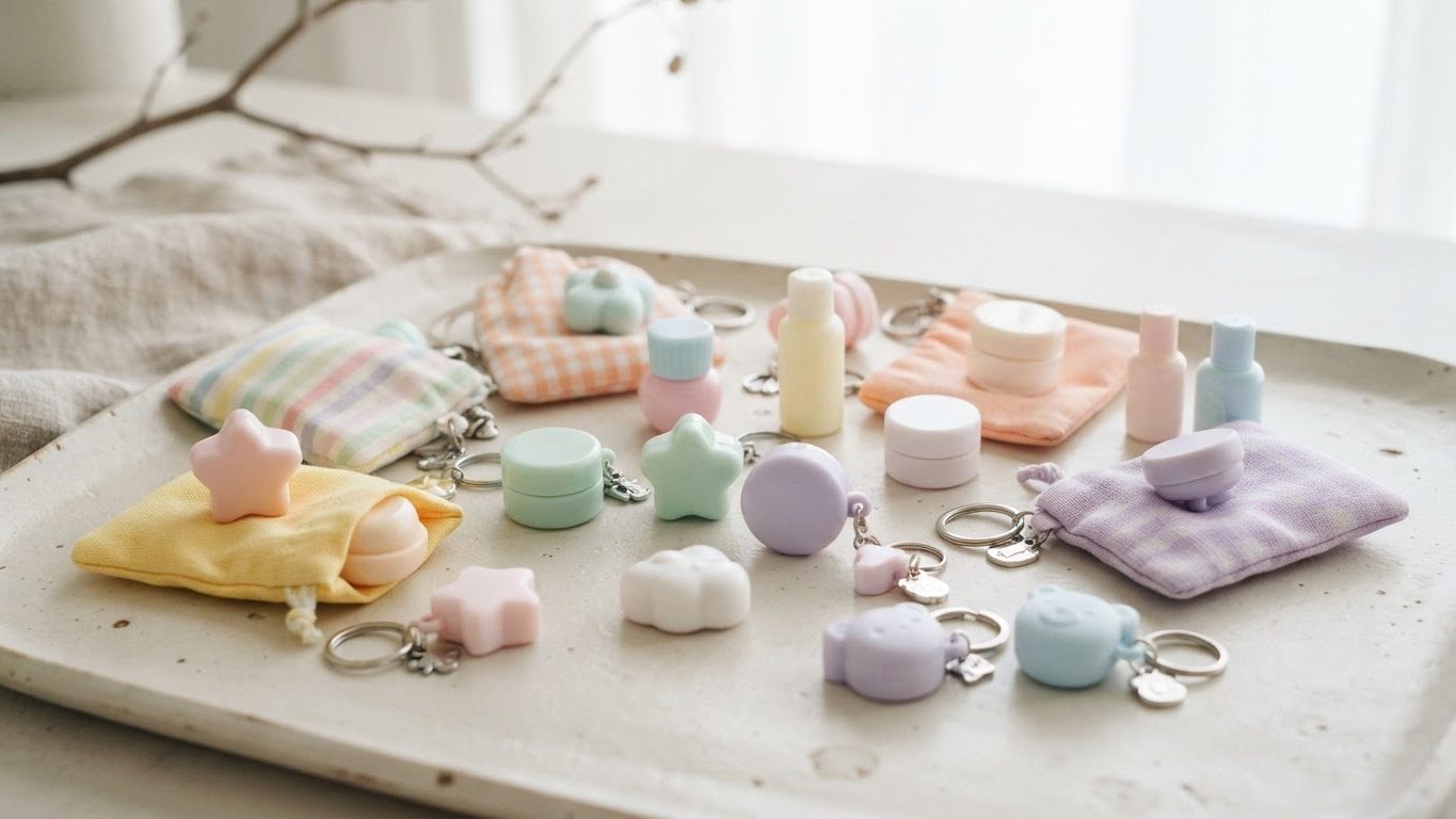 Collectible mini cosmetic containers with keyring loops