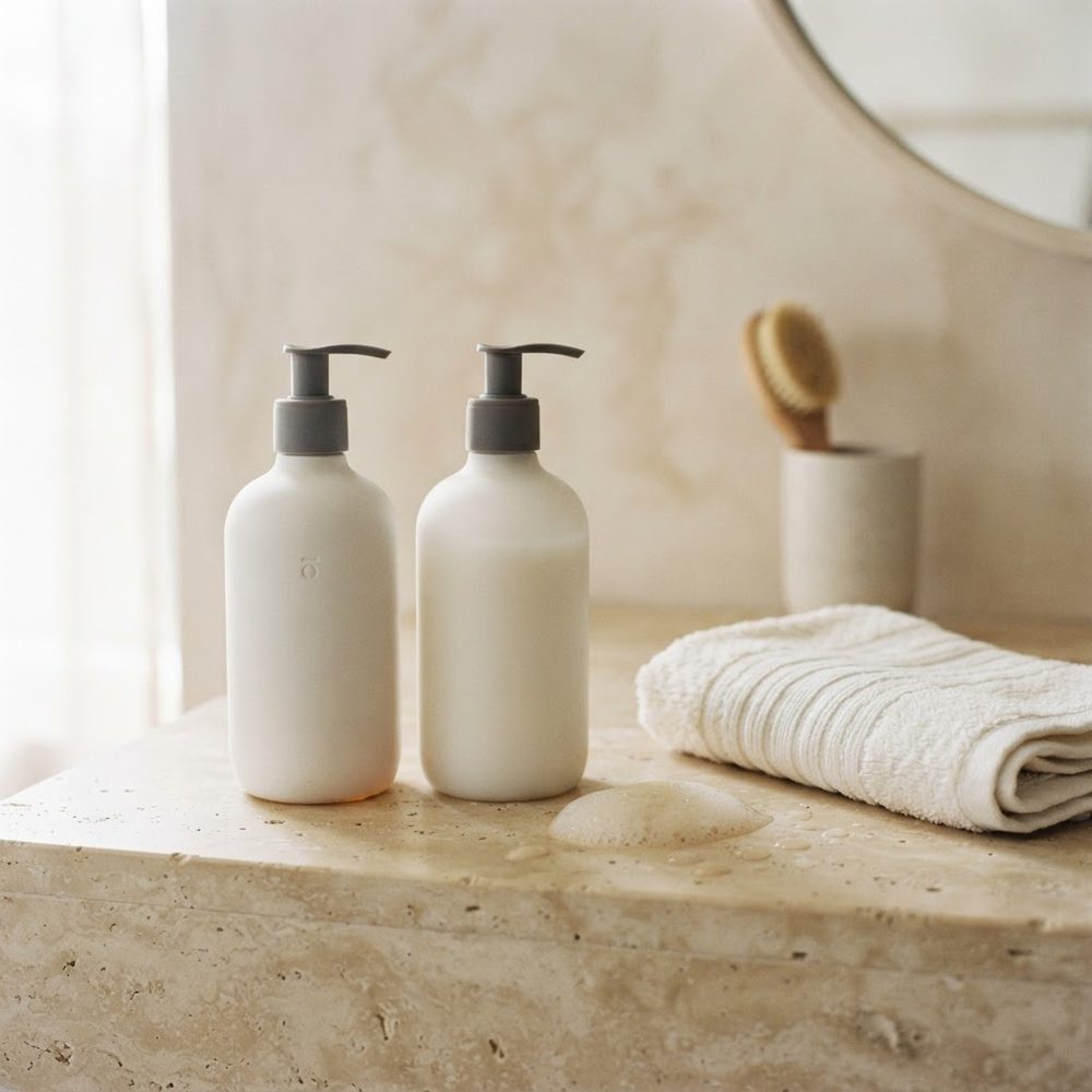Shampoo and body wash pump bottles with a towel