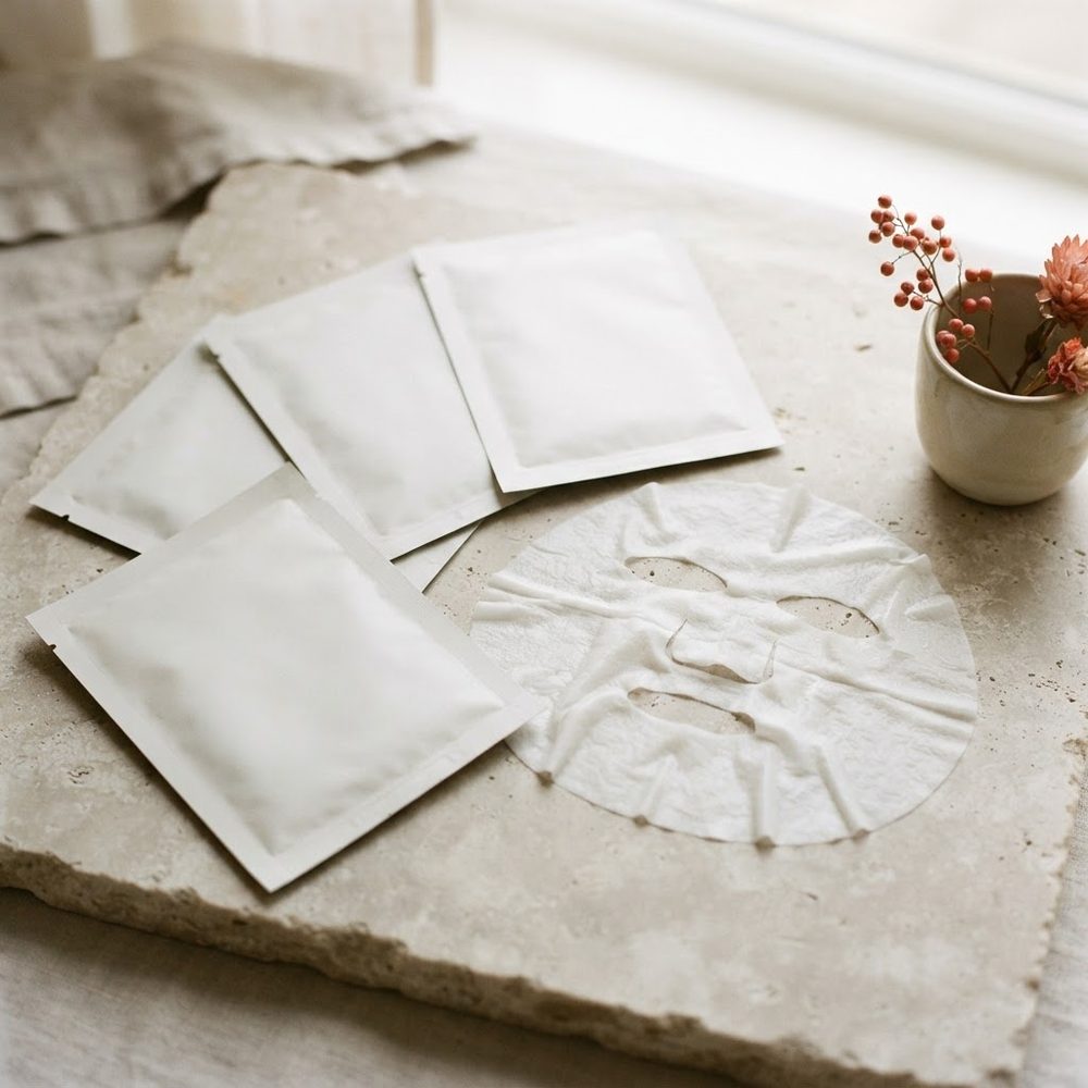 Sheet mask pouches and an unfolded sheet mask on stone