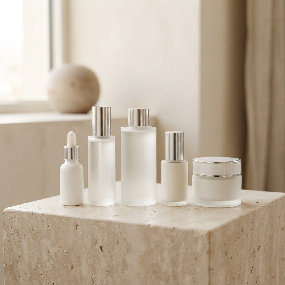 Private label skincare bottles, serum dropper and cream jar