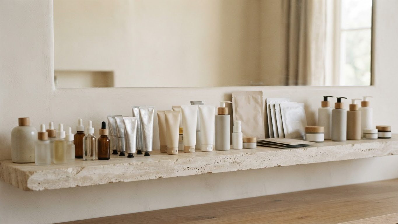 Cosmetic products lined up on a stone shelf