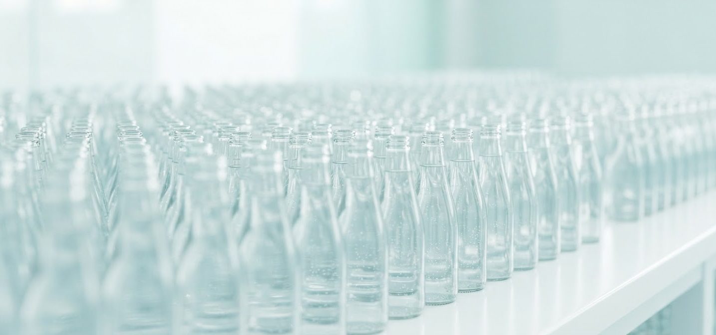 Rows of clear bottles in soft focus