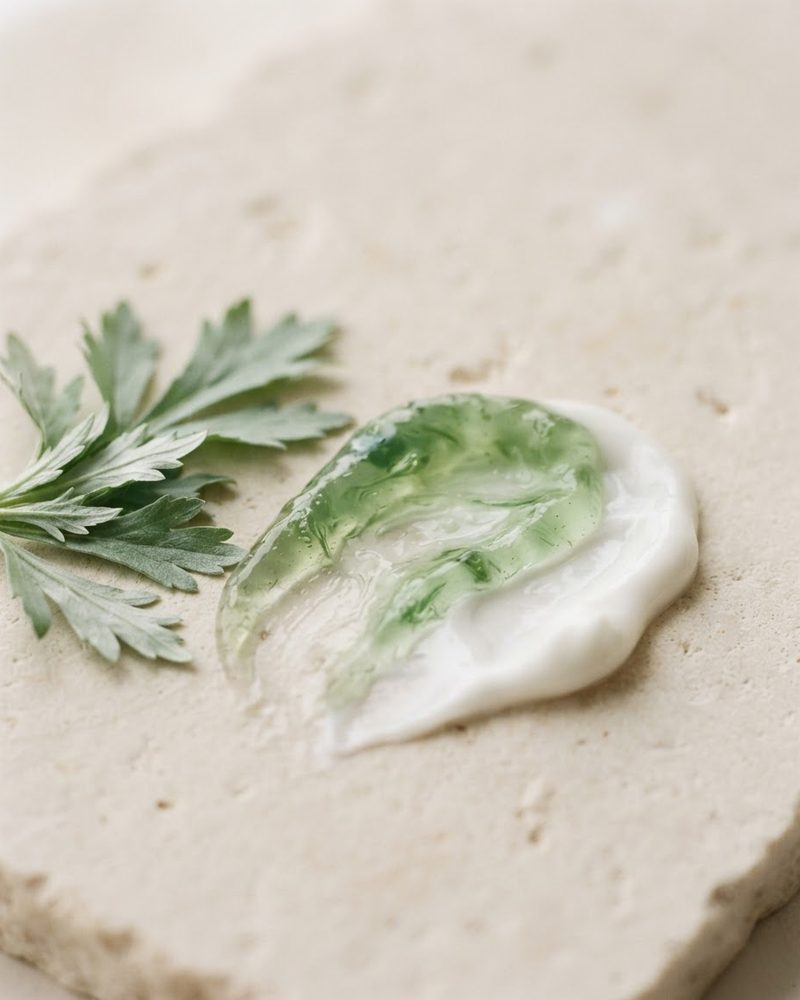 Green mugwort gel blending into white cream