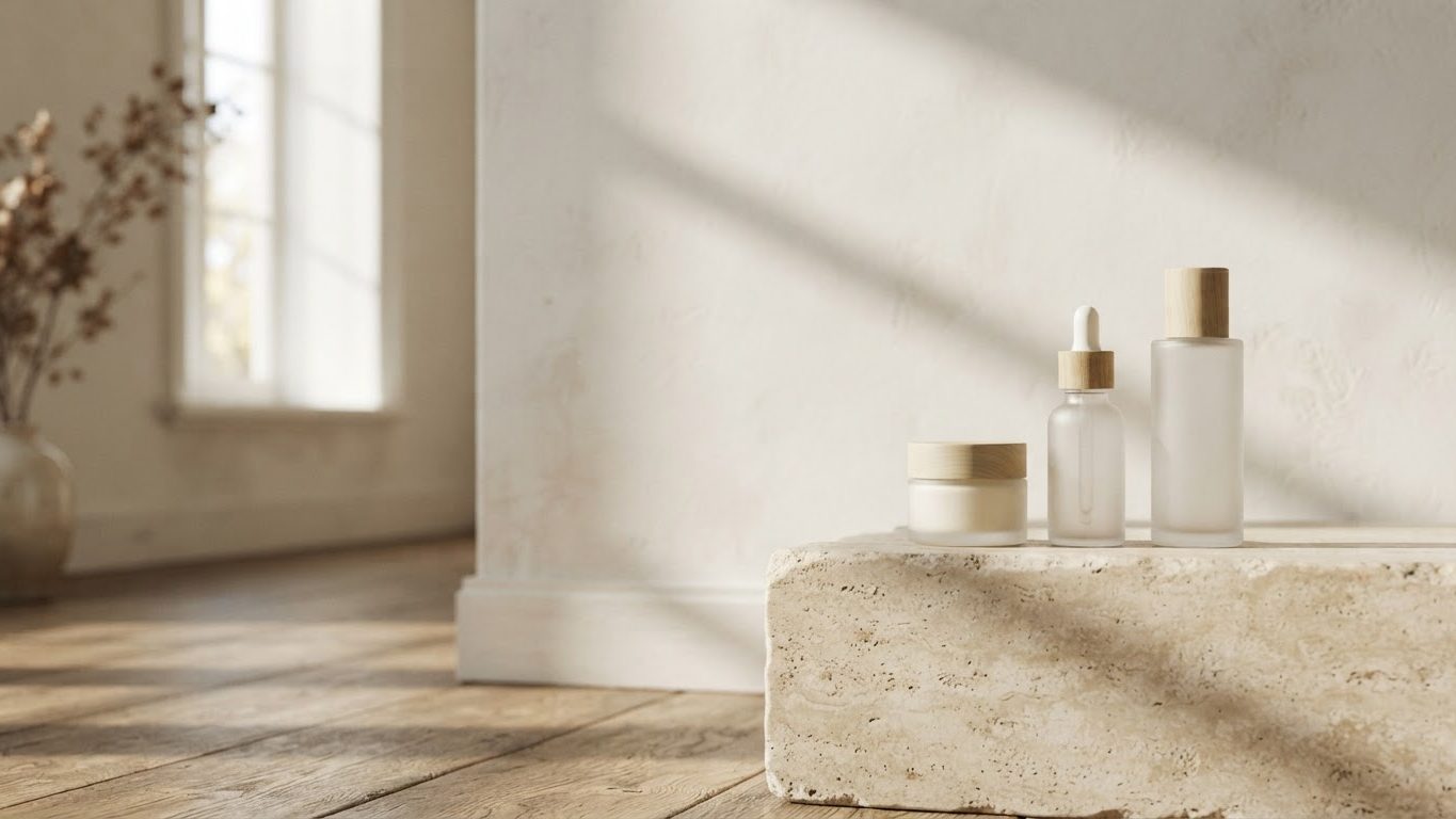 Frosted glass skincare bottles and cream jar in window light
