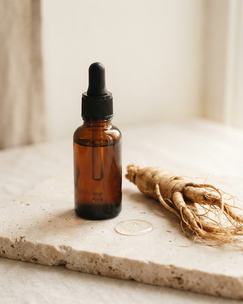 Amber ampoule dropper bottle with ginseng root