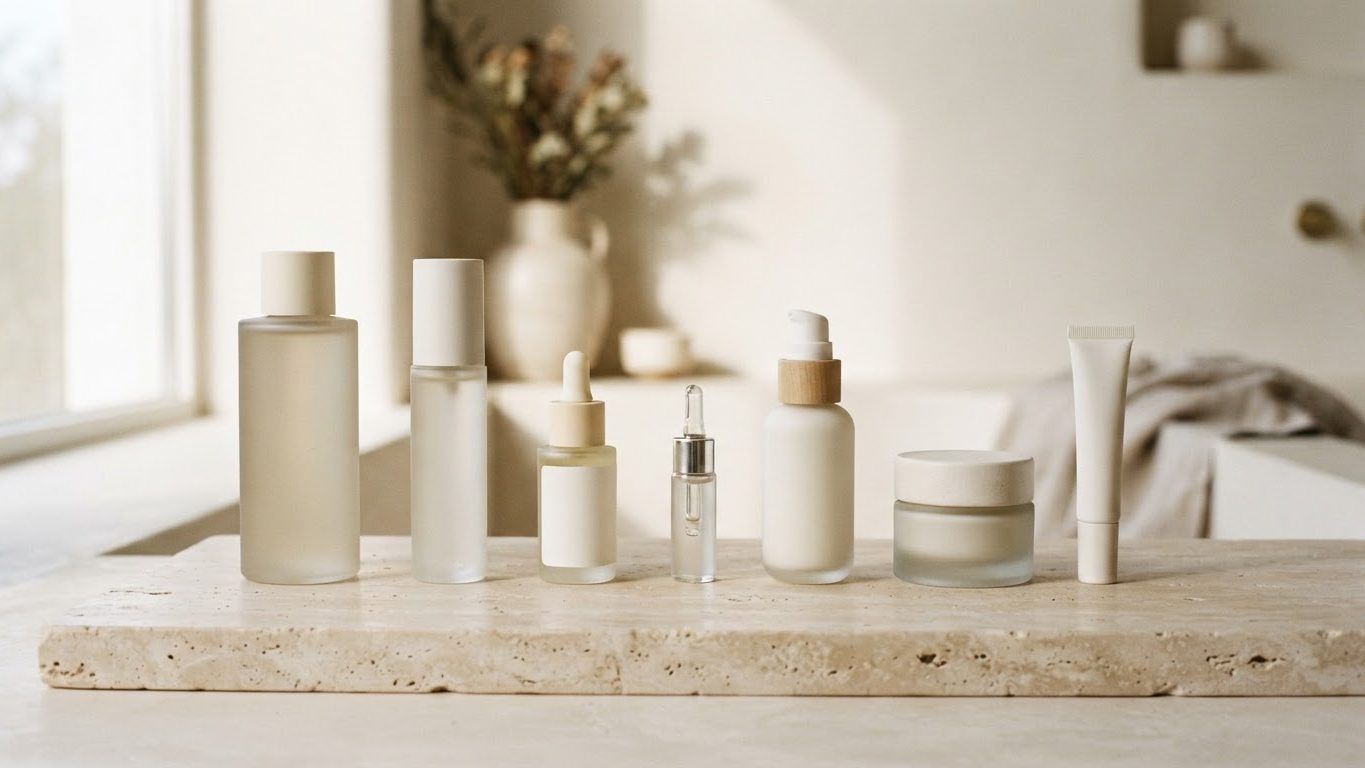 Toner, serum, ampoule, emulsion and cream bottles lined up