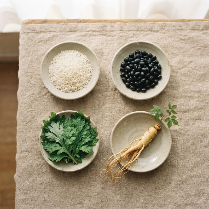 Traditional Korean skincare ingredients: rice, mugwort, black soybeans and ginseng
