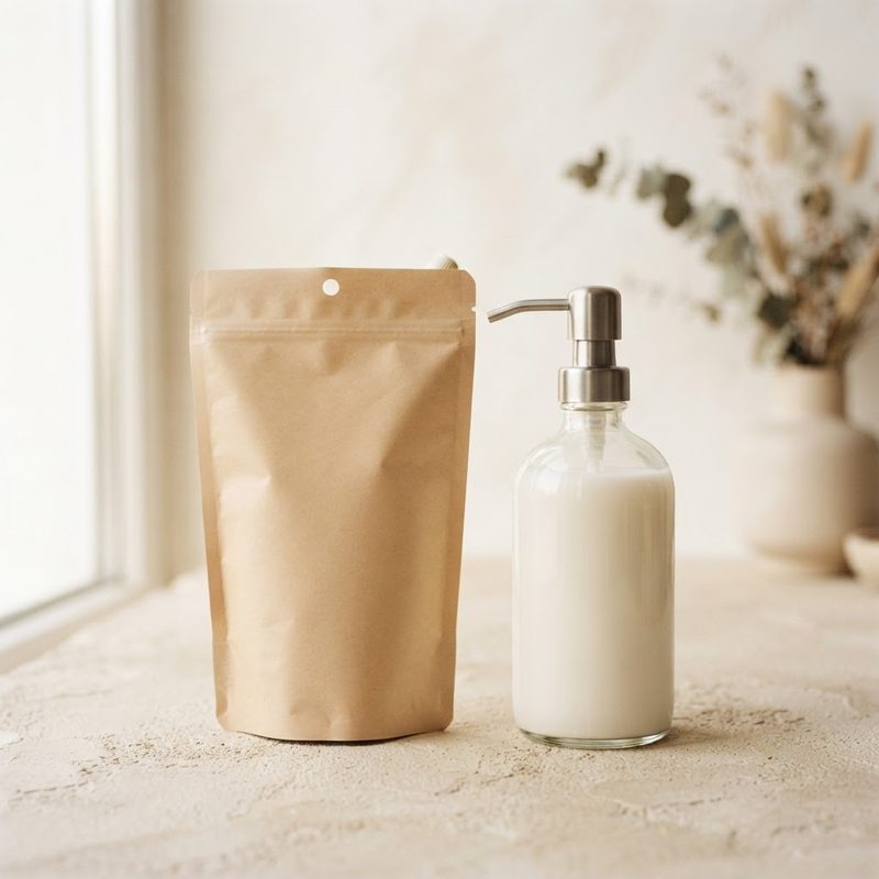 Paper refill pouch next to a reusable glass pump bottle