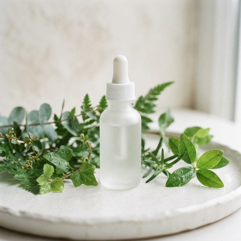 Frosted cosmetic dropper bottle with fresh green leaves for vegan cosmetics