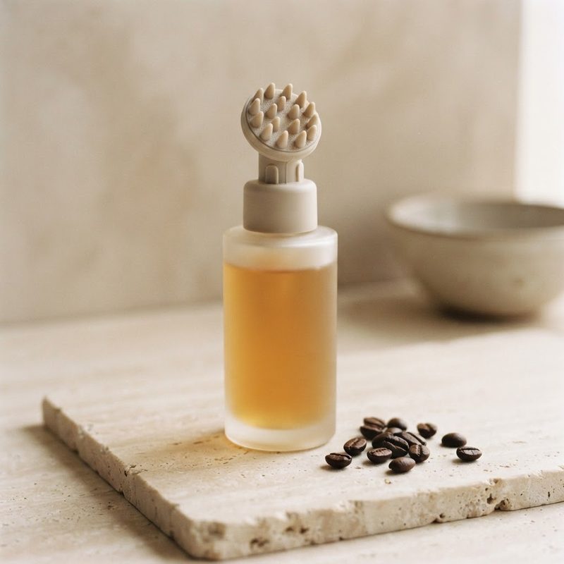 Scalp tonic bottle with a silicone massage head applicator and coffee beans