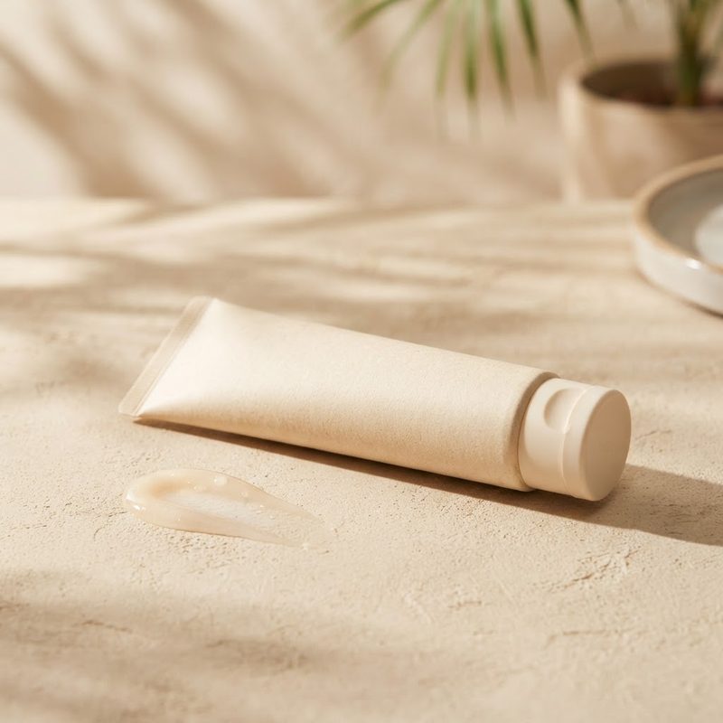 Paper-textured cosmetic tube with a light sun serum swatch in sunlight